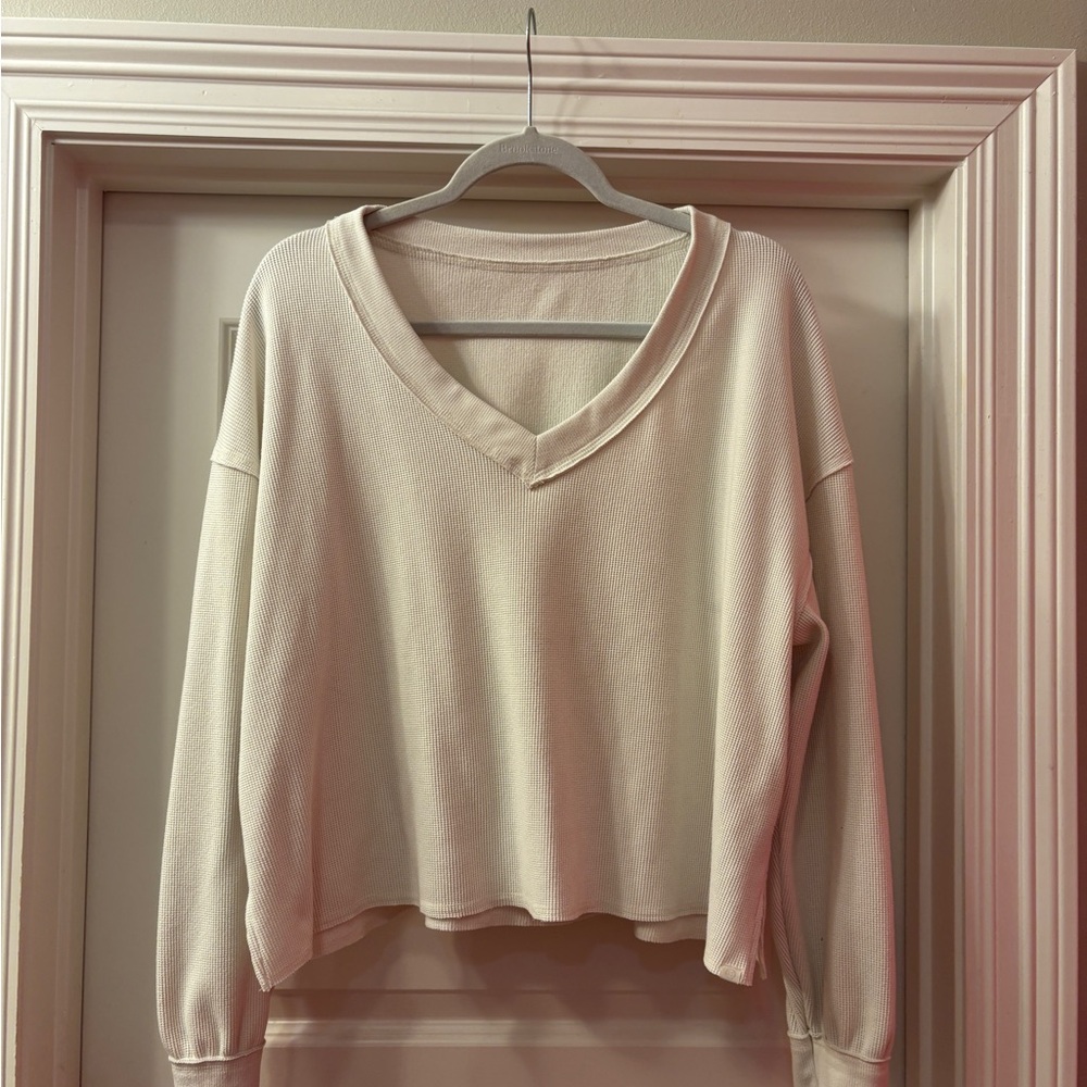 Cream V-Neck Long Sleeve Top